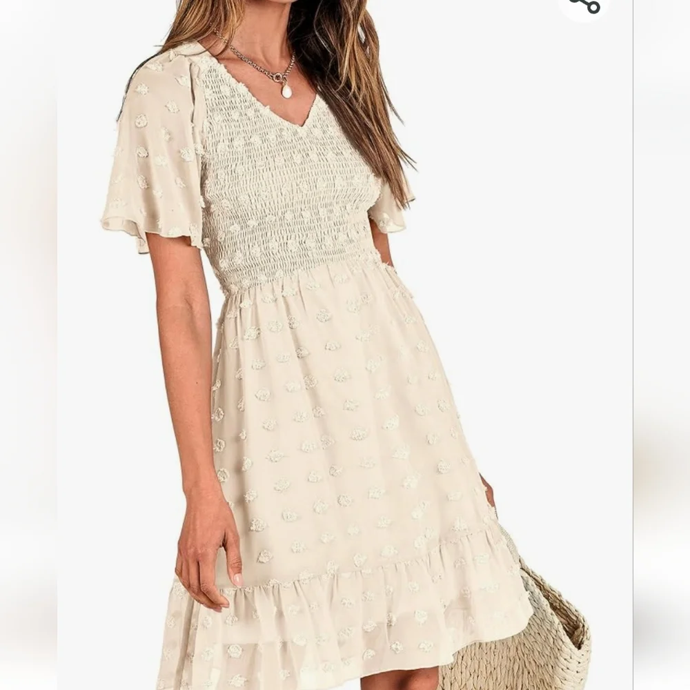 SUPER CUTE women V neck short sleeve dress also dot swing flowy ruffle Dress - Picture 6 of 7